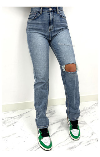 BLUE - 'MARSEILLE' - STRETCH HIGH WAIST ONE KNEE RIPPED STRAIGHT LEG JEANS 