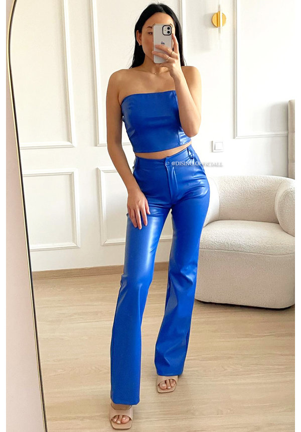 ROYAL BLUE - 'SKYE' - HIGH WAIST VEGAN LEATHER STRAIGHT LEG PANTS