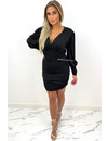 BLACK - 'NAOMI DRESS' - LONG SLEEVE RUCHED V-NECK DRESS