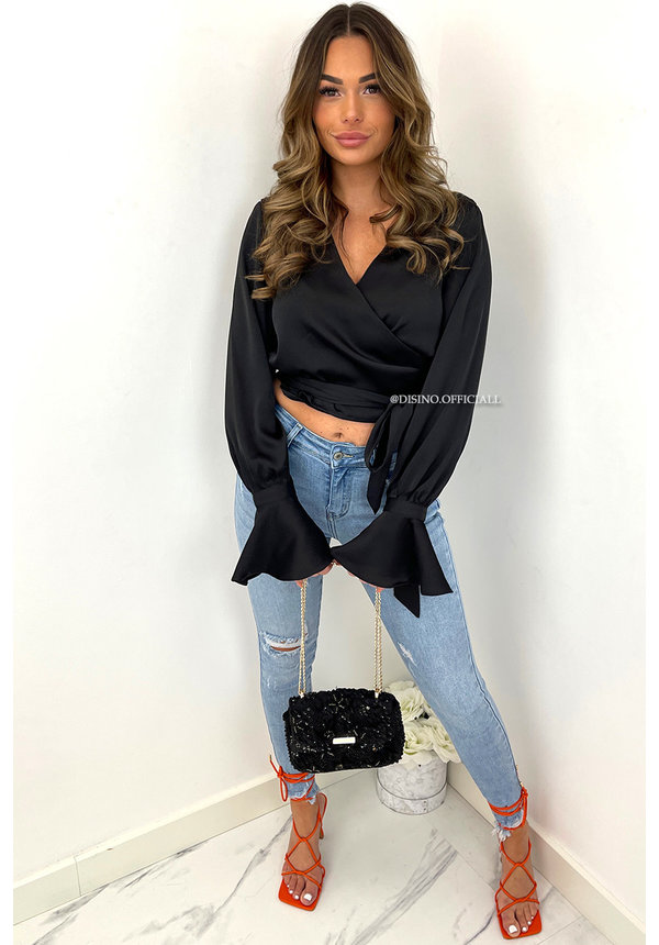 BLACK - 'CANDICE' - PREMIUM QUALITY SATIN WRAP ON BLOUSE