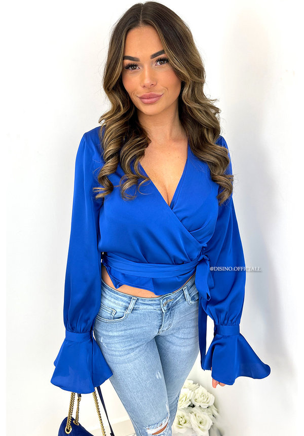 ROYAL BLUE - 'CANDICE' - PREMIUM QUALITY SATIN WRAP ON BLOUSE