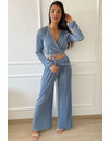 BLUE - 'MABEL SET' - PLISSE WRAP ON TOP + WIDE LEG SET