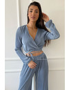 BLUE - 'MABEL SET' - PLISSE WRAP ON TOP + WIDE LEG SET