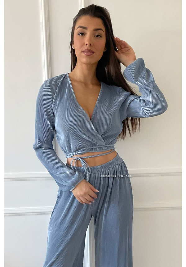 BLUE - 'MABEL SET' - PLISSE WRAP ON TOP + WIDE LEG SET