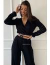 BLACK - 'MABEL SET' - PLISSE WRAP ON TOP + WIDE LEG SET