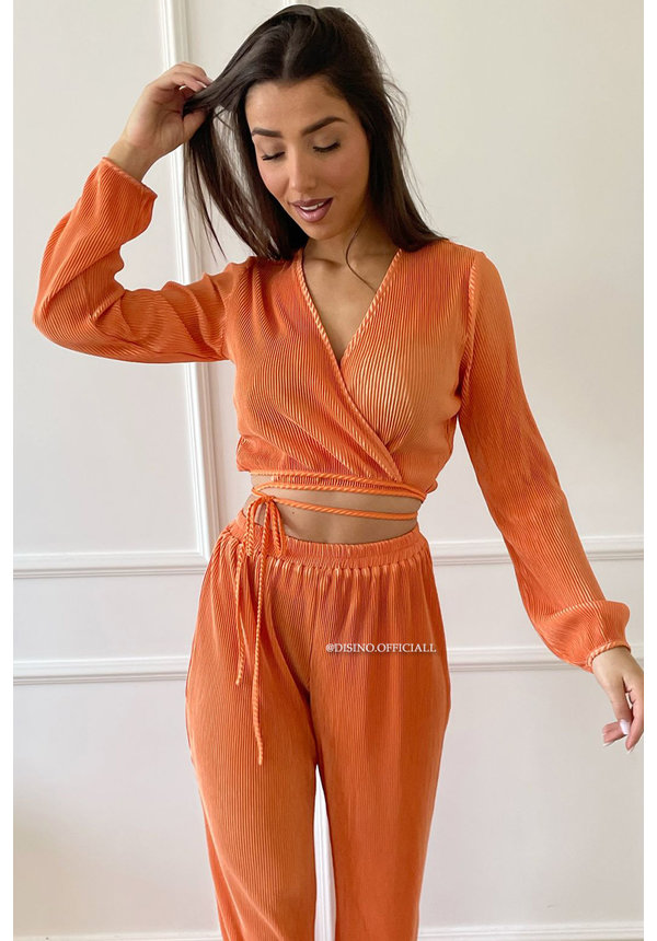 ORANGE - 'MABEL SET' - PLISSE WRAP ON TOP + WIDE LEG SET