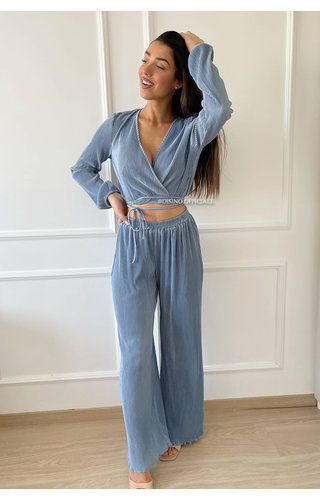 BLUE - 'MABEL SET' - PLISSE WRAP ON TOP + WIDE LEG SET 