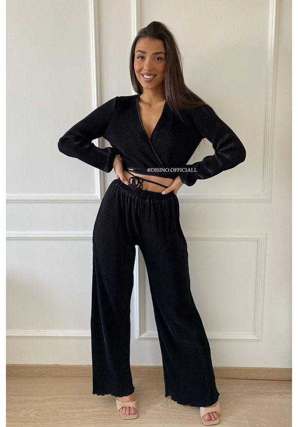 BLACK - 'MABEL SET' - PLISSE WRAP ON TOP + WIDE LEG SET