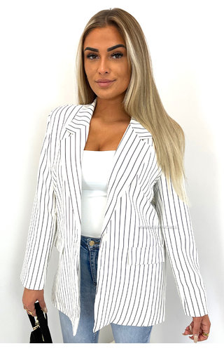 WHITE - 'YADE STRIPED' - OVERSIZED CHALK STRIPED BOYFRIEND BLAZER 