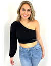 BLACK - 'BLISS V2' - SILKY ONE ARM CROPPED TOP