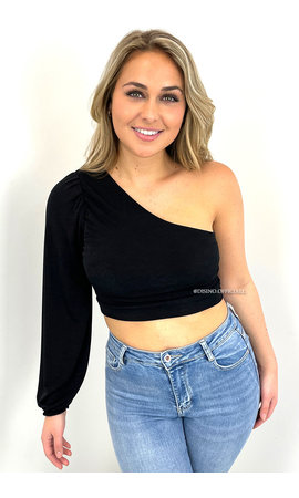 BLACK - 'BLISS V2' - SILKY ONE ARM CROPPED TOP