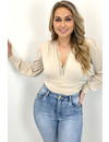 BEIGE - 'NINA BODYSUIT' - LONG SLEEVE V-NECK BODYSUIT