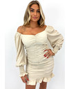 BEIGE - 'LUCCE LONGSLEEVE' - OFF SHOULDER RUFFLE DRESS