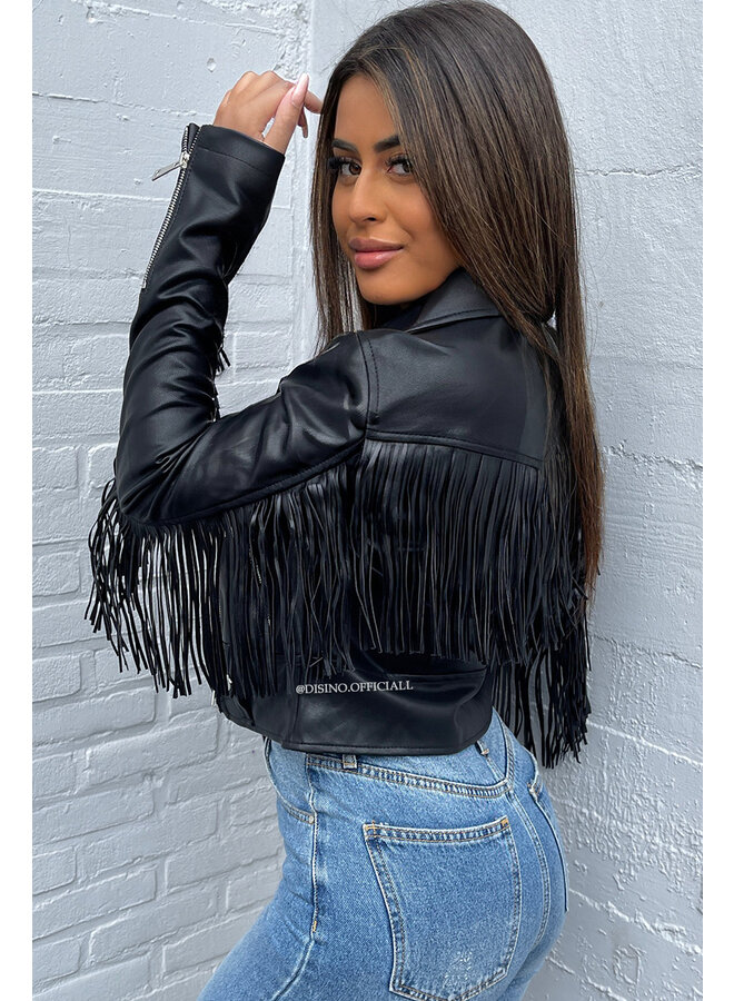 BLACK - 'HILARY CROPPED' - VEGAN LEATHER CROPPED FRINGE BIKER FRANJES JACK