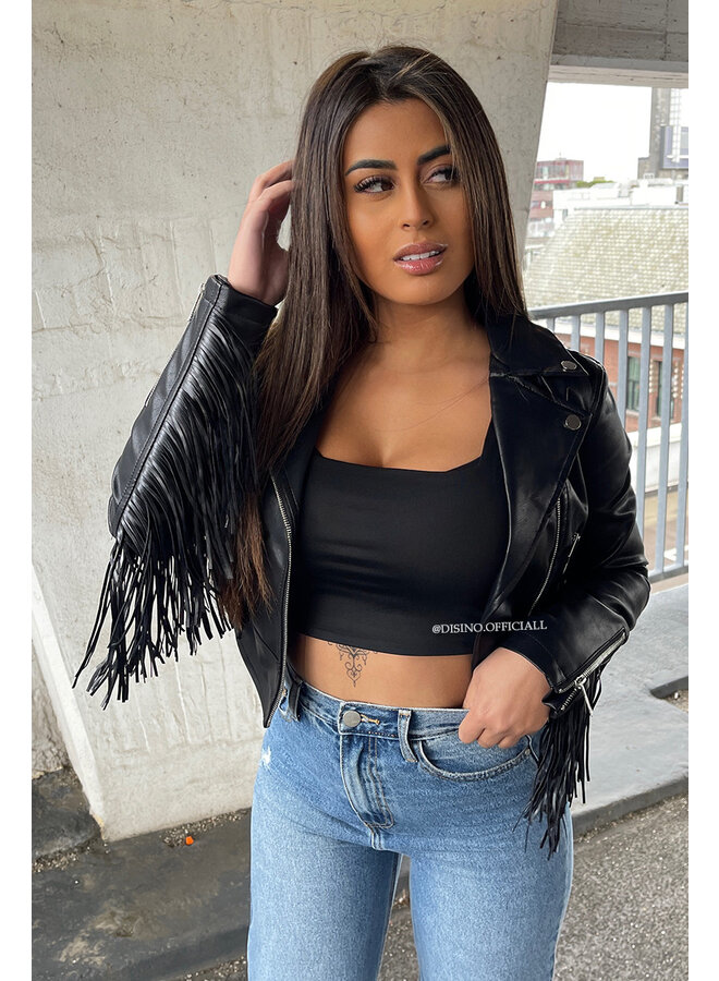 BLACK - 'HILARY CROPPED' - VEGAN LEATHER CROPPED FRINGE BIKER FRANJES JACK