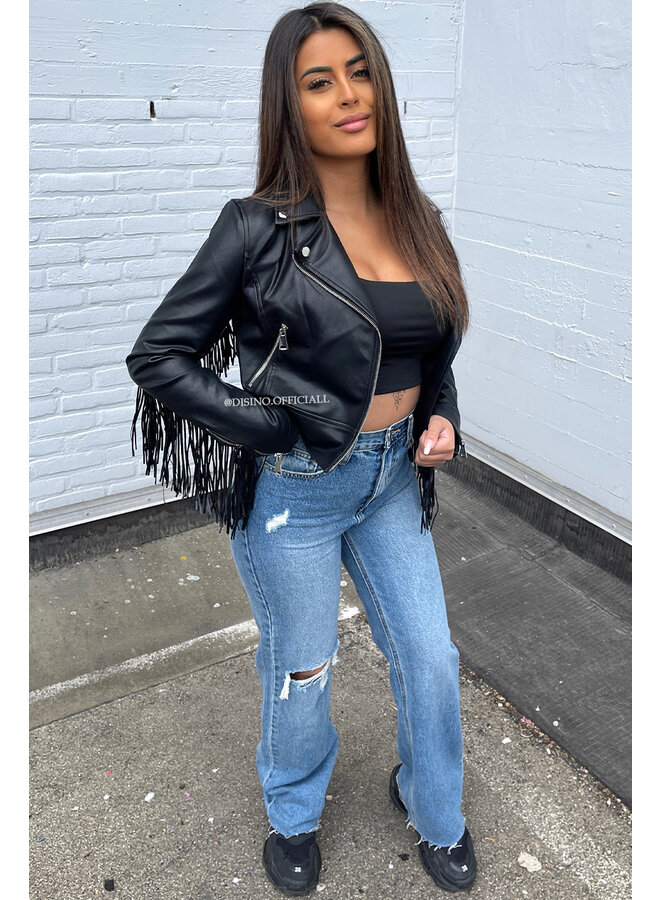 BLACK - 'HILARY CROPPED' - VEGAN LEATHER CROPPED FRINGE BIKER FRANJES JACK