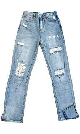 BLUE - 'CANNES' - EXTREME RIPPED STRAIGHT LEG SPLIT JEANS - 1249