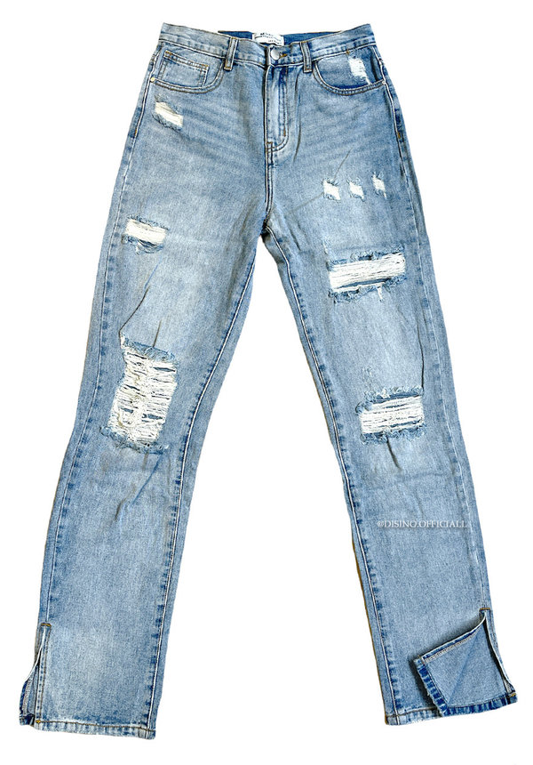 BLUE - 'CANNES' - EXTREME RIPPED STRAIGHT LEG SPLIT JEANS - 1249
