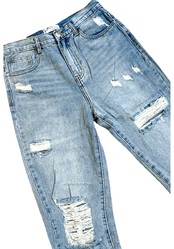 BLUE - 'CANNES' - EXTREME RIPPED STRAIGHT LEG SPLIT JEANS - 1249