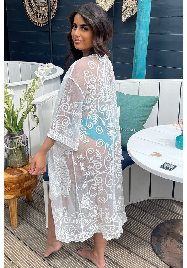 WHITE - 'STELLA MANDALA' - LACE BEACH KIMONO LONG