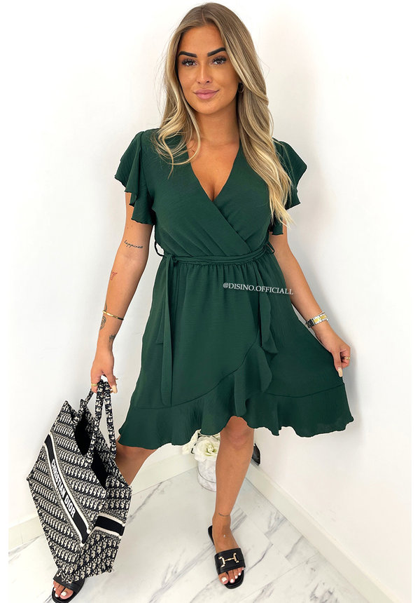 DARK GREEN - 'BRITT' - RUFFLE MIDI DRESS