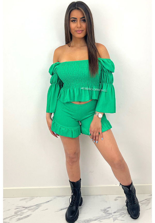 GREEN - 'JADA SET' - WAFFLE QUALITY RUFFLE TOP + SHORT SET