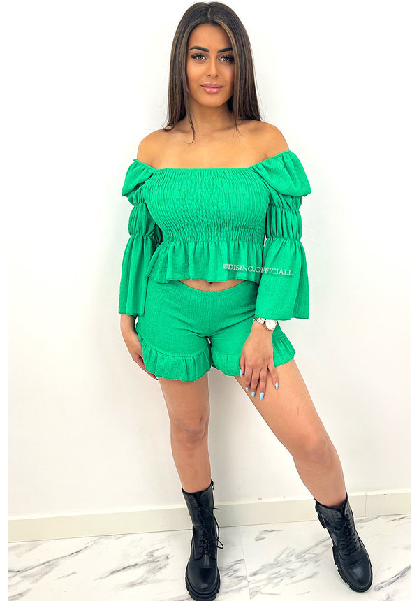 GREEN - 'JADA SET' - WAFFLE QUALITY RUFFLE TOP + SHORT SET