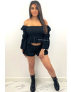 BLACK - 'JADA SET' - WAFFLE QUALITY RUFFLE TOP + SHORT SET