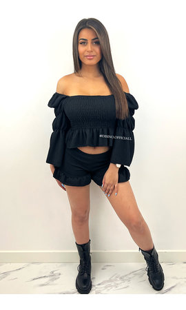 BLACK - 'JADA SET' - WAFFLE QUALITY RUFFLE TOP + SHORT SET