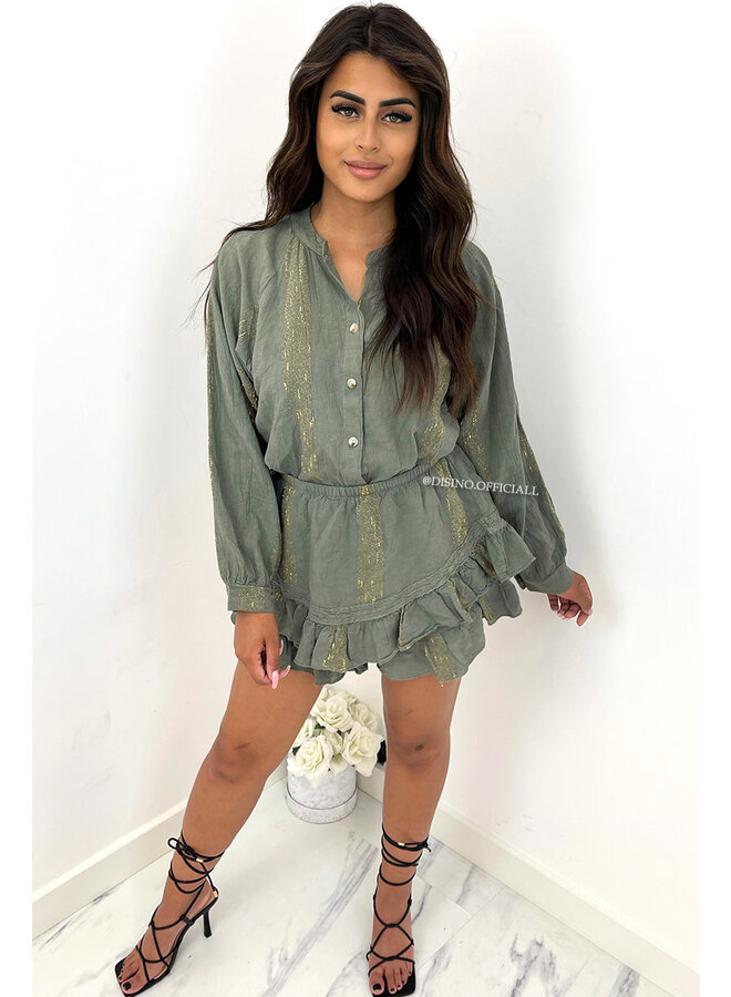 KHAKI GREEN - 'LIYANA' - 100% COTTON EXCLUSIVE RUFFLE SKORT + BLOUSE SET