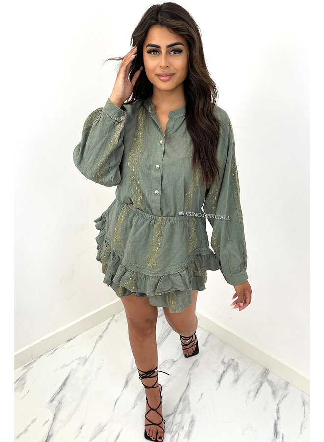 KHAKI GREEN - 'LIYANA' - 100% COTTON EXCLUSIVE RUFFLE SKORT + BLOUSE SET