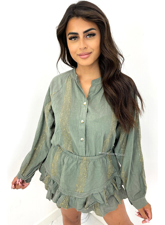 KHAKI GREEN - 'LIYANA' - 100% COTTON EXCLUSIVE RUFFLE SKORT + BLOUSE SET