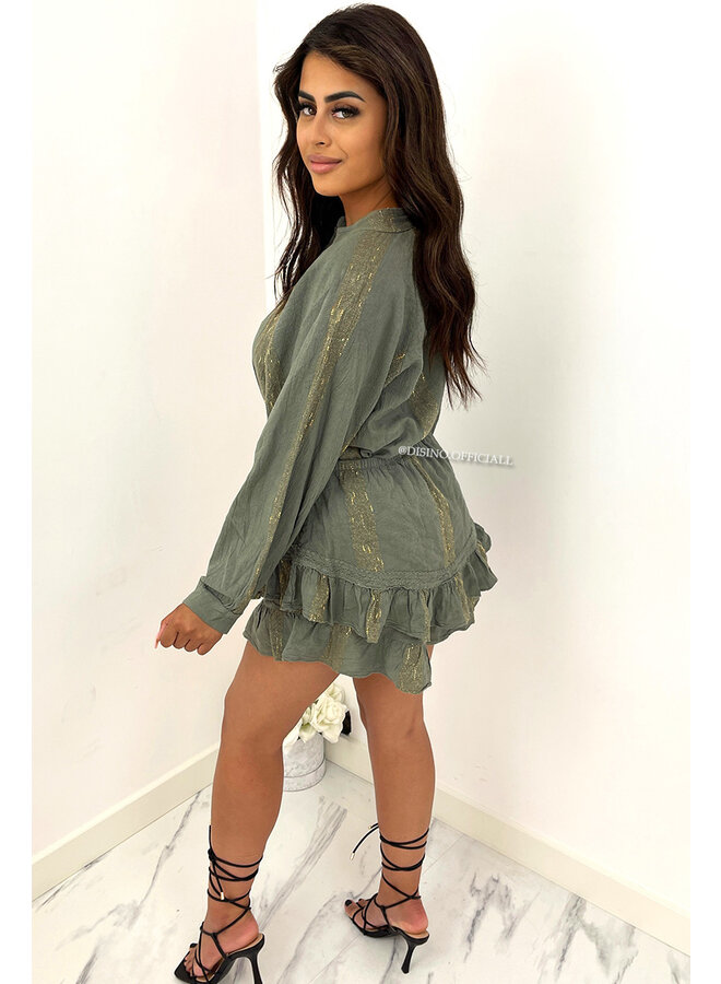 KHAKI GREEN - 'LIYANA' - 100% COTTON EXCLUSIVE RUFFLE SKORT + BLOUSE SET