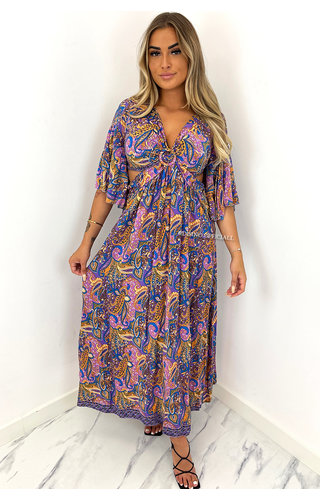 PURPLE - 'MELINA' - OPEN BACK MAXI AZTEC PRINT DRESS 