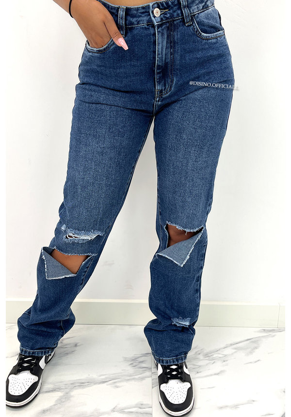 QUEEN HEART JEANS - BLUE - RIPPED KNEE STRAIGHT LEG JEANS - 886
