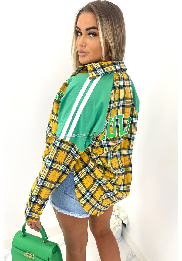 YELLOW - 'SCARLETT V3' - SPORTY TWO TONE CHECKED OVERSIZED BOYFRIEND BLOUSE