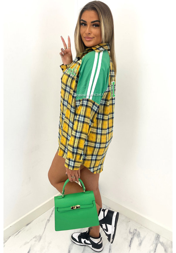 YELLOW - 'SCARLETT V3' - SPORTY TWO TONE CHECKED OVERSIZED BOYFRIEND BLOUSE