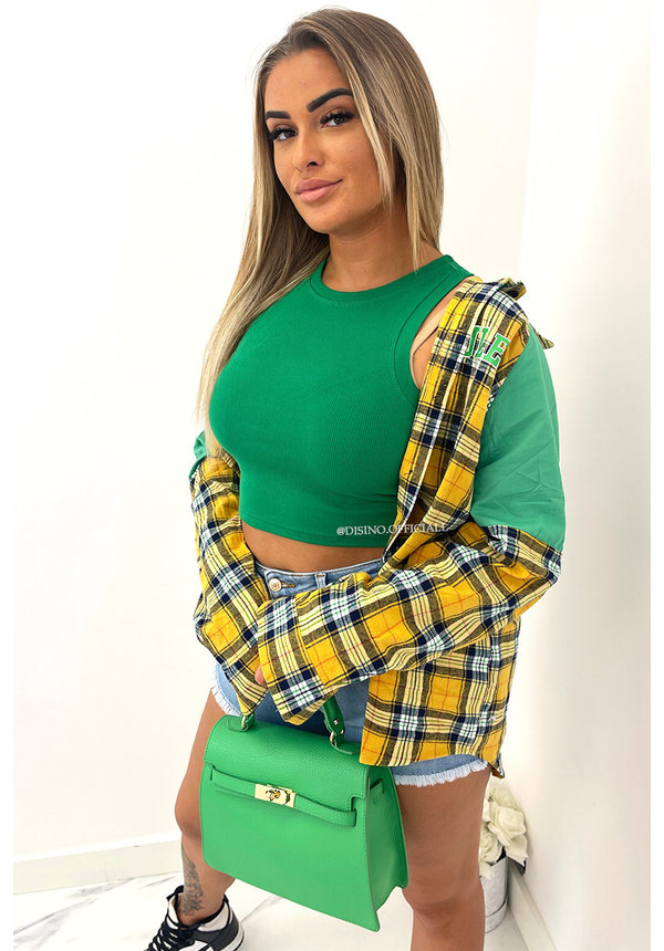 YELLOW - 'SCARLETT V3' - SPORTY TWO TONE CHECKED OVERSIZED BOYFRIEND BLOUSE