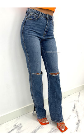 MEDIUM BLUE - 'MANILA' - HIGH WAIST RIPPED KNEE EXTRA LONG STRAIGHT LEG JEANS - 125