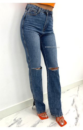 MEDIUM BLUE - 'MANILA' - HIGH WAIST RIPPED KNEE EXTRA LONG STRAIGHT LEG JEANS - 125 