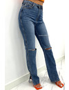 MEDIUM BLUE - 'MANILA' - HIGH WAIST RIPPED KNEE EXTRA LONG STRAIGHT LEG JEANS - 125