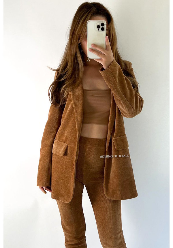 BROWN - 'LOIS BLAZER' - CHENILLE STRETCH BOYFRIEND BLAZER