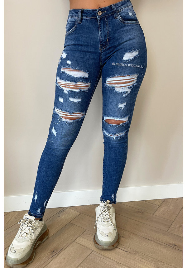 QUEEN HEARTS JEANS - MEDIUM BLUE - HIGH WAIST RIPPED SKINNY JEANS - 846