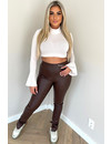 BROWN - 'LEATHER NOELLE' - HIGH WAIST VEGAN LEATHER SIDE SPLIT PANTS