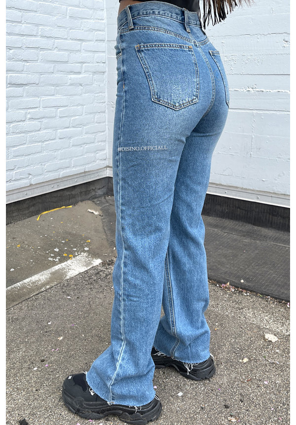 BLUE - 'MURILLO' - HIGH WAIST RIPPED KNEE STRAIGHT LEG JEANS - 1675