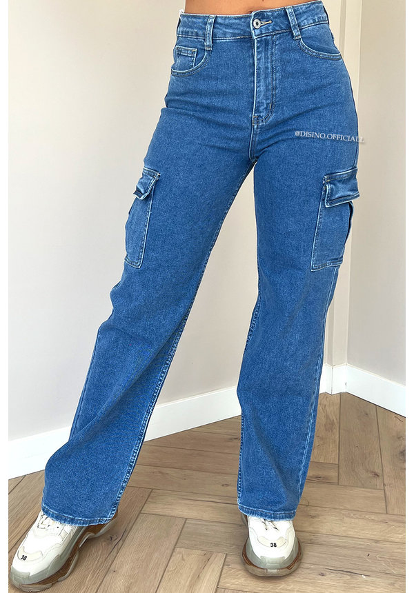 BLUE - 'DENIM CARGO' - STRETCH CARGO STRAIGHT LEG JEANS