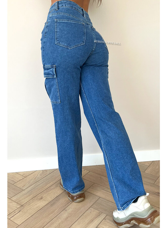 BLUE - 'DENIM CARGO' - STRETCH CARGO STRAIGHT LEG JEANS