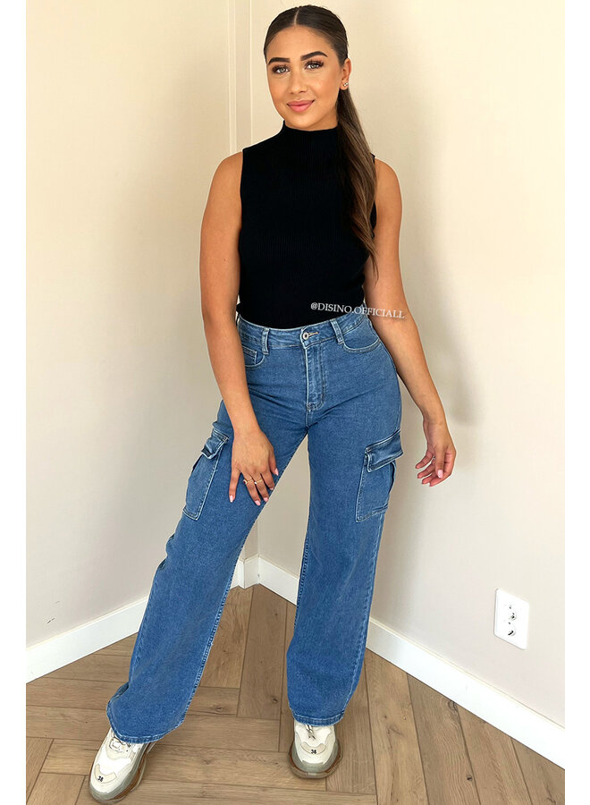BLUE - 'DENIM CARGO' - STRETCH CARGO STRAIGHT LEG JEANS
