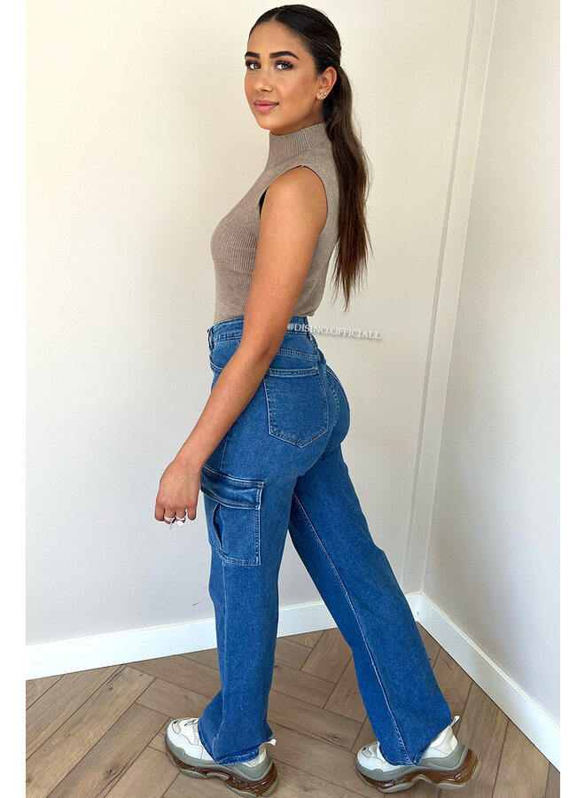 BLUE - 'DENIM CARGO' - STRETCH CARGO STRAIGHT LEG JEANS