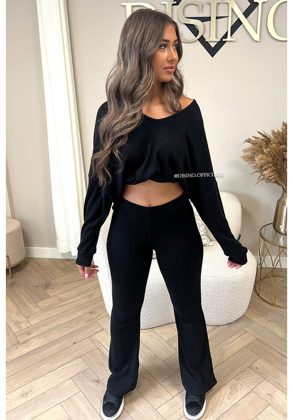 BLACK - 'AMARA' - PREMIUM QUALITY FLARE + SWEATER TWO PIECE SET